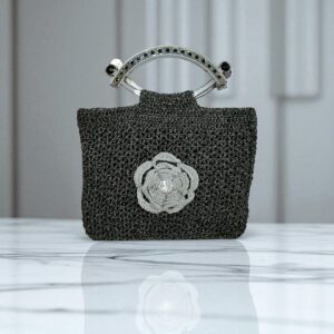 Elegant Black Crochet Handbag with Silver Floral Accent – Handmade Designer Purse for Women