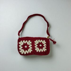 Handmade Crochet Shoulder Bag with Red and White Granny Square Pattern – Boho Chic Sling Bag for Women