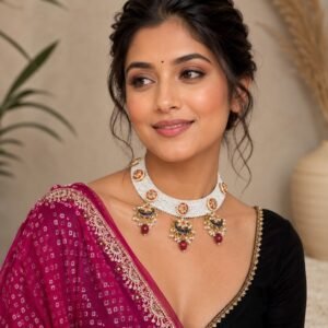 Kundan Pearl Choker Necklace with Blue & Red Stone Pendant for Women
